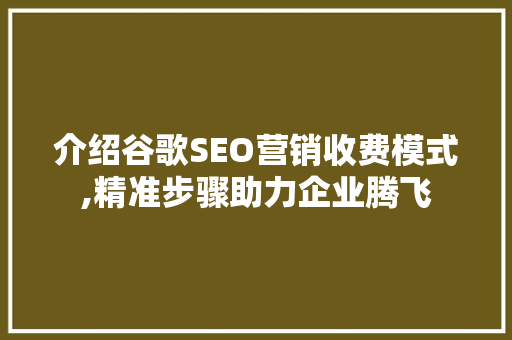 介绍谷歌SEO营销收费模式,精准步骤助力企业腾飞