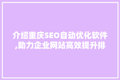 介绍重庆SEO自动优化软件,助力企业网站高效提升排名