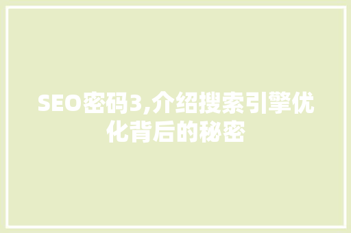 SEO密码3,介绍搜索引擎优化背后的秘密