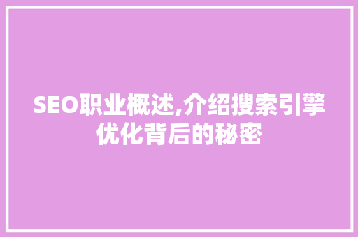 SEO职业概述,介绍搜索引擎优化背后的秘密