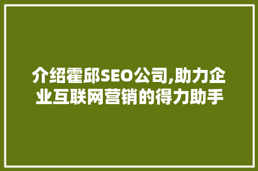 介绍霍邱SEO公司,助力企业互联网营销的得力助手