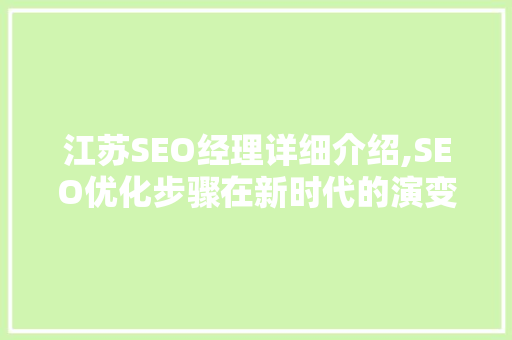 江苏SEO经理详细介绍,SEO优化步骤在新时代的演变与突破