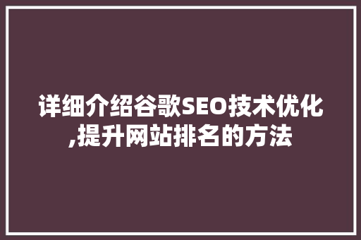 详细介绍谷歌SEO技术优化,提升网站排名的方法