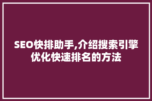 SEO快排助手,介绍搜索引擎优化快速排名的方法
