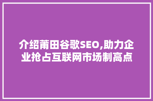 介绍莆田谷歌SEO,助力企业抢占互联网市场制高点