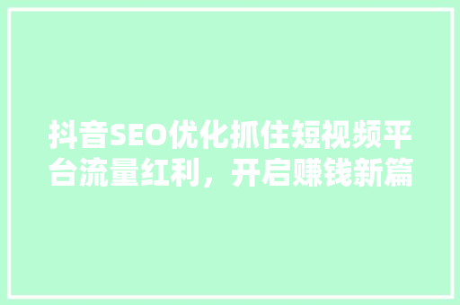 抖音SEO优化抓住短视频平台流量红利，开启赚钱新篇章
