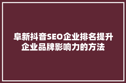 阜新抖音SEO企业排名提升企业品牌影响力的方法