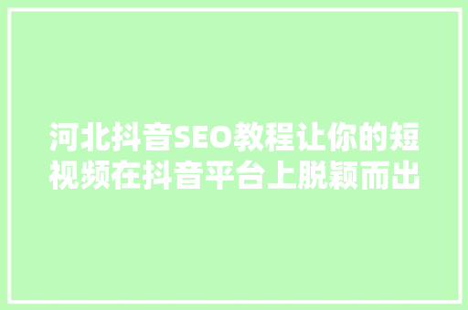 河北抖音SEO教程让你的短视频在抖音平台上脱颖而出