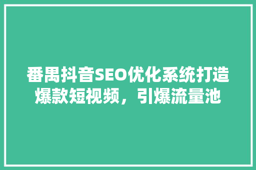 番禺抖音SEO优化系统打造爆款短视频，引爆流量池