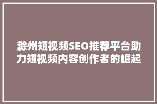 滁州短视频SEO推荐平台助力短视频内容创作者的崛起之路