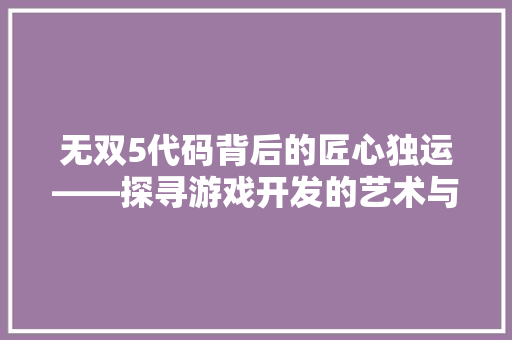 无双5代码背后的匠心独运——探寻游戏开发的艺术与科学