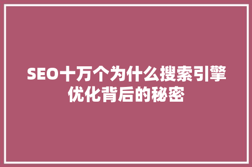 SEO十万个为什么搜索引擎优化背后的秘密
