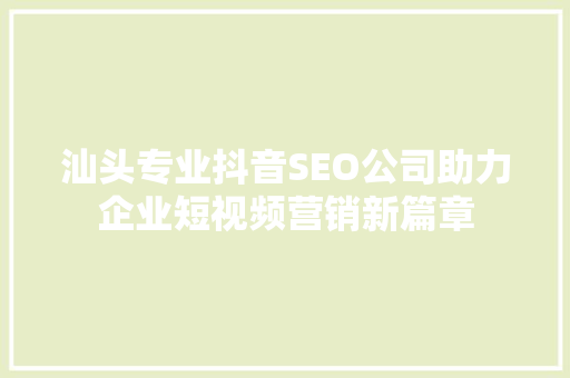 汕头专业抖音SEO公司助力企业短视频营销新篇章