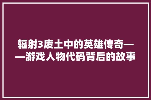 辐射3废土中的英雄传奇——游戏人物代码背后的故事  第1张