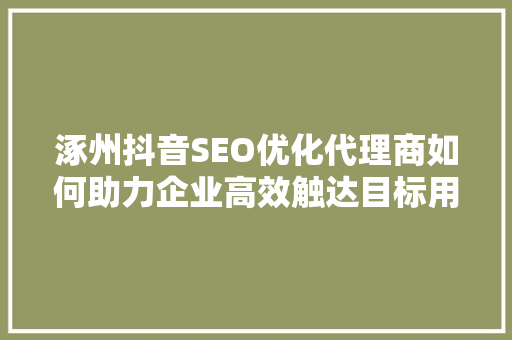 涿州抖音SEO优化代理商如何助力企业高效触达目标用户