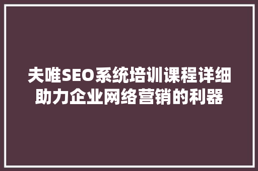 夫唯SEO系统培训课程详细助力企业网络营销的利器