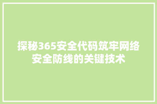 探秘365安全代码筑牢网络安全防线的关键技术